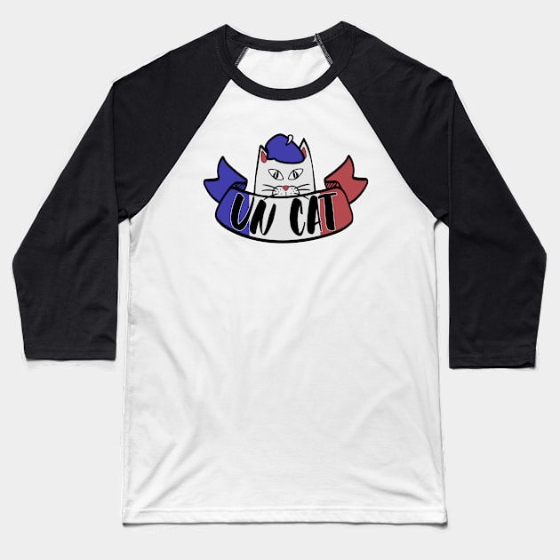 Un Cat Counting Pun, Funny French Flag Cat and Beret Baseball T-Shirt by Redmanrooster